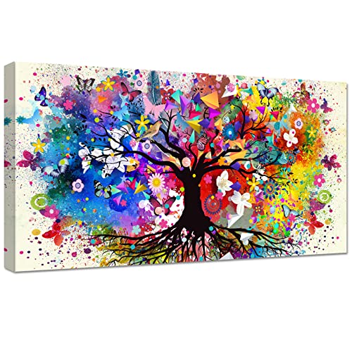 Wooden Framed Large Canvas Wall Art Colorful Tree of Life Abstract Painting Butterfly Flowers Birds Canvas Prints Poster for Living Room Bedroom Home Office Wall Decorations 50x100cm/20x40 inch