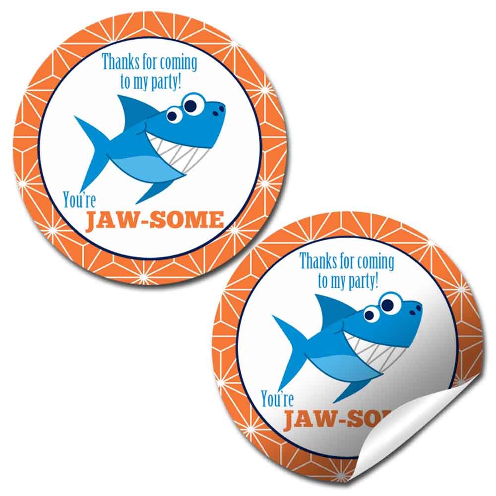 You’re Jawsome Smiling Shark Themed Thank You Sticker Labels for Kids, 40 2" Party Circle Stickers by AmandaCreation, Great for Party Favors, Envelope Seals & Goodie Bags