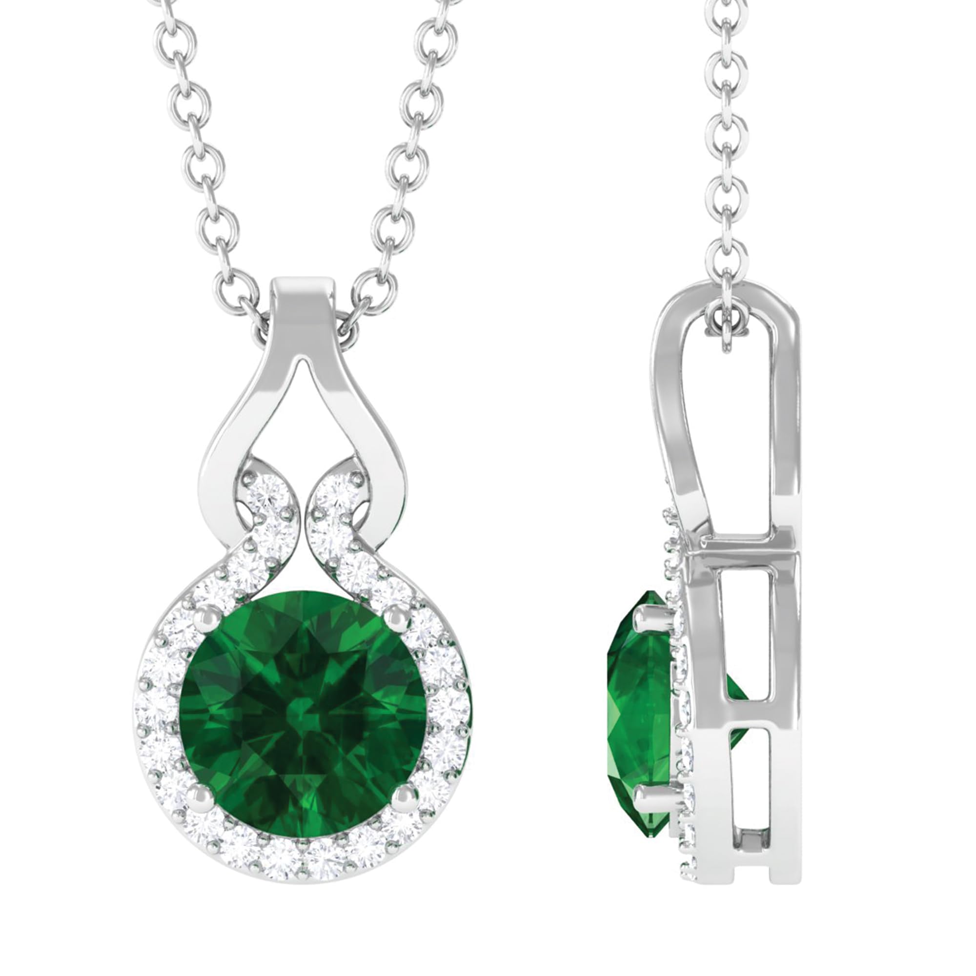 Certified Lab Grown Emerald Halo Necklace with Moissanite in Silver, AAAA Quality, 6 MM Round Emerald Pendant with Chain (Ready To Gift)