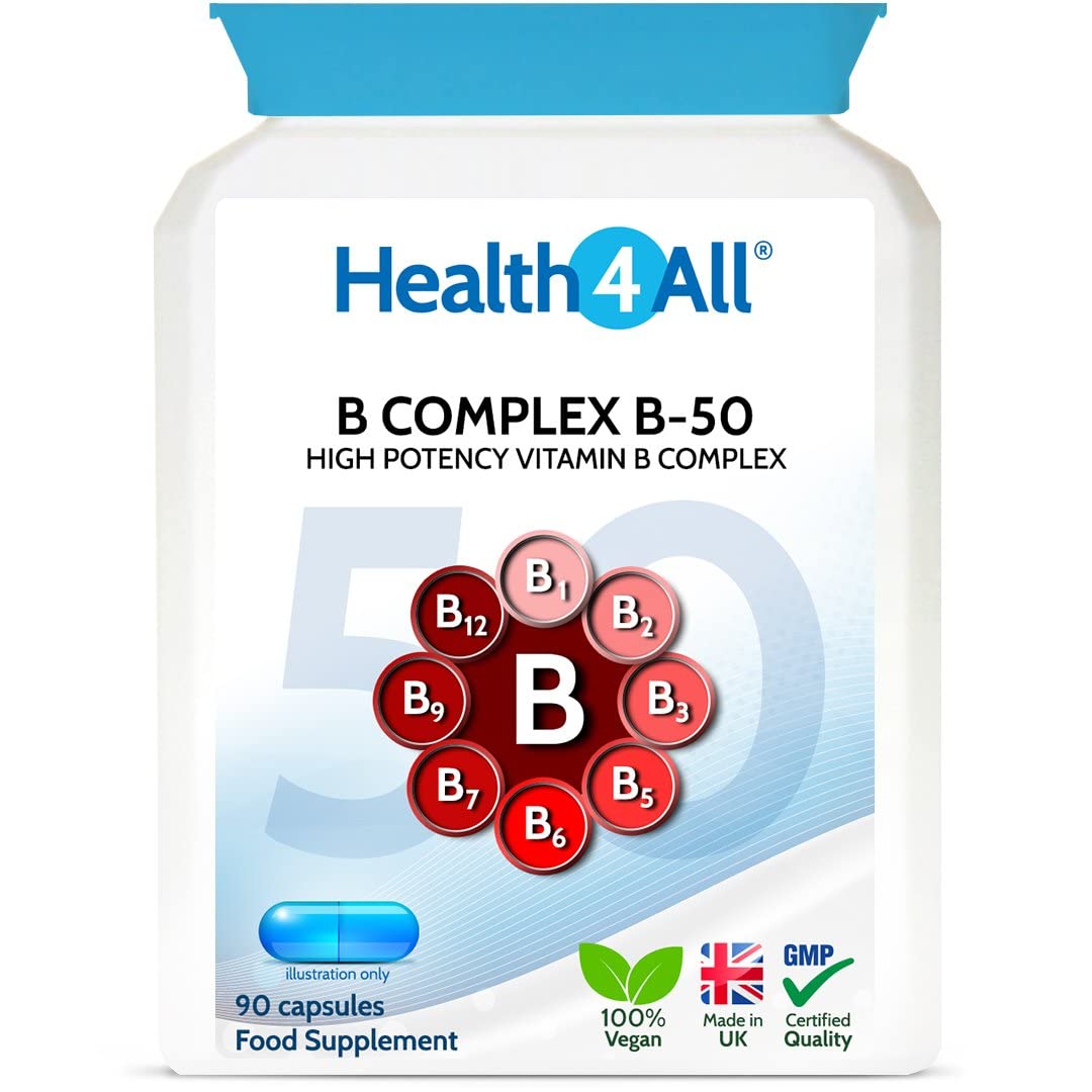 Vitamin B Complex B-50 90 Capsules (V) (not Tablets) High Potency Vegan B-Complex with PABA. Made in The UK by Health4All