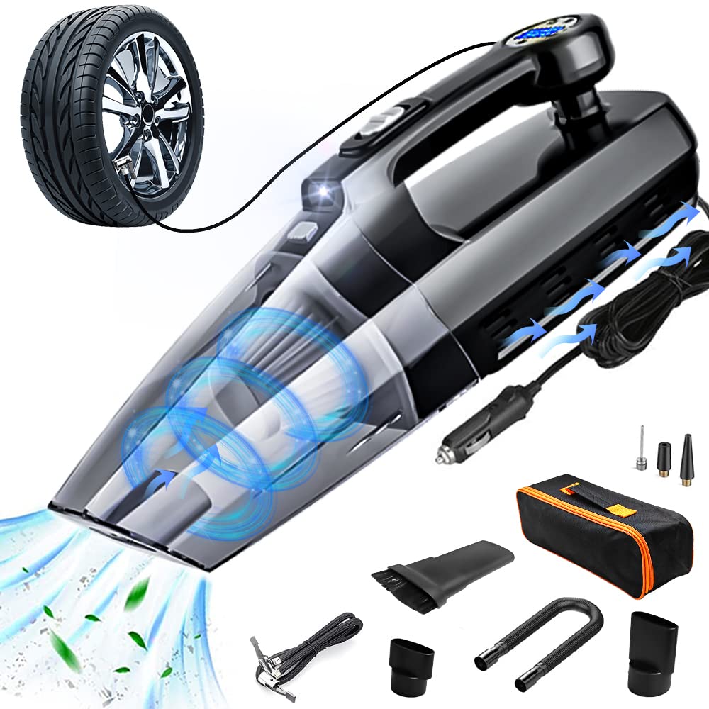 Fahuac 4-in-1 Car Vacuum Cleaner Tire Inflator - Portable High Power Handheld Car Vacuum Cleaner 7000PA/130W/DC 12V with LCD Tire Pressure Display LED Light Wet/Dry Air Compressor