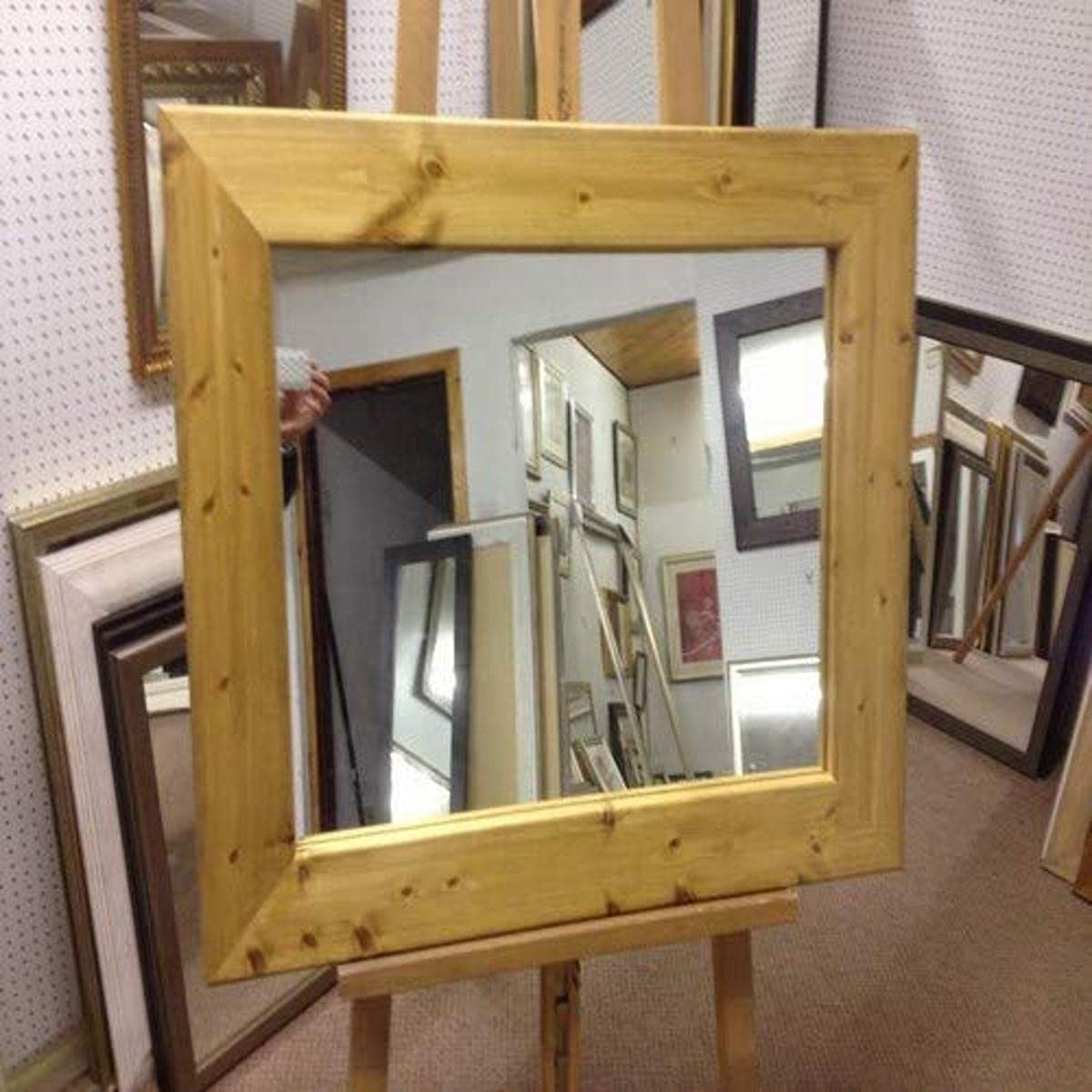 93mm Chunky Light Oak Stained Solid Pine Plain Glass Wall and Overmantle Mirrors. - 10 23" x 19" (58cm x 48cm)