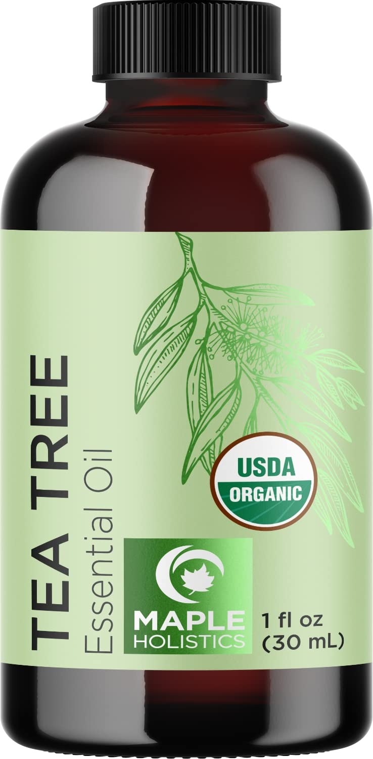 Organic Tea Tree Oil for Hair Skin & Nails - 100% Pure Certified Organic Tea Tree Essential Oil for Skin and Dry Flaky Scalp Care Plus Nail Treatments DIY Beauty and Natural Cleaning 1 Fl Oz