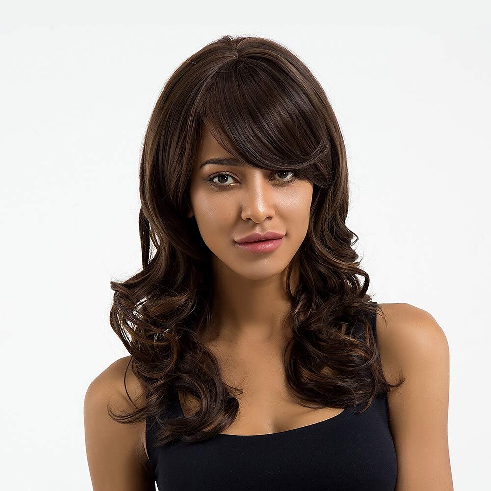 CPalsen Synthetic Wig Wavy Style Side Part Capless Wig Dark Brown Brown Synthetic Hair Women's Natural Hairline Dark Brown Wig Long MAYSU/Yes