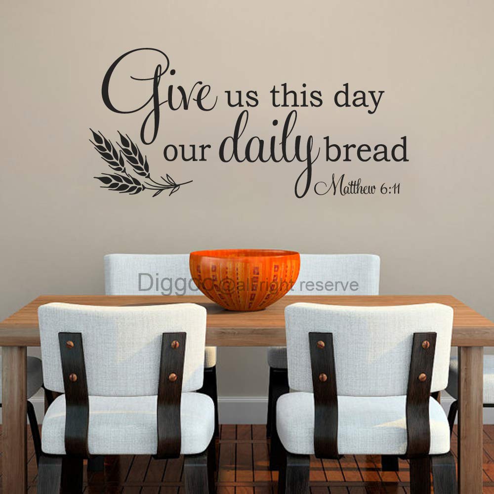 Bible Verse Wall Decal Christian Wall Quote Give Us This Day Our Daily Bread Matthew 6 11 Kitchen Wall Decor (Black,14" h x 30" w)