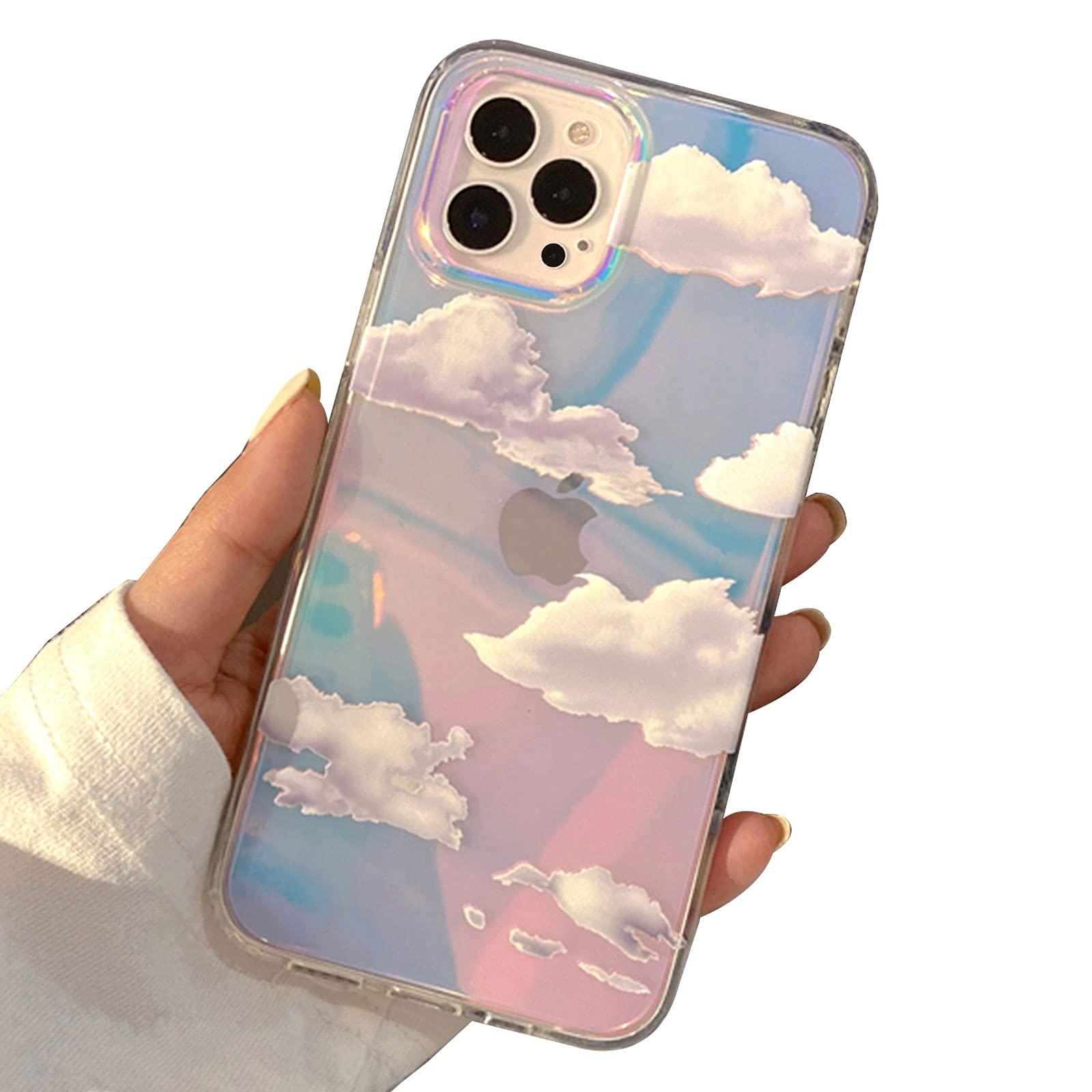 I-MGAE-IN-AR Phone Hard Case 6.1 inch Compatible with iPhone 15 Pro Case Cute 2023 Release Slim Cystal Clear Holographic White Cloud Women Girls, Hard PC Shockproof Protective Design