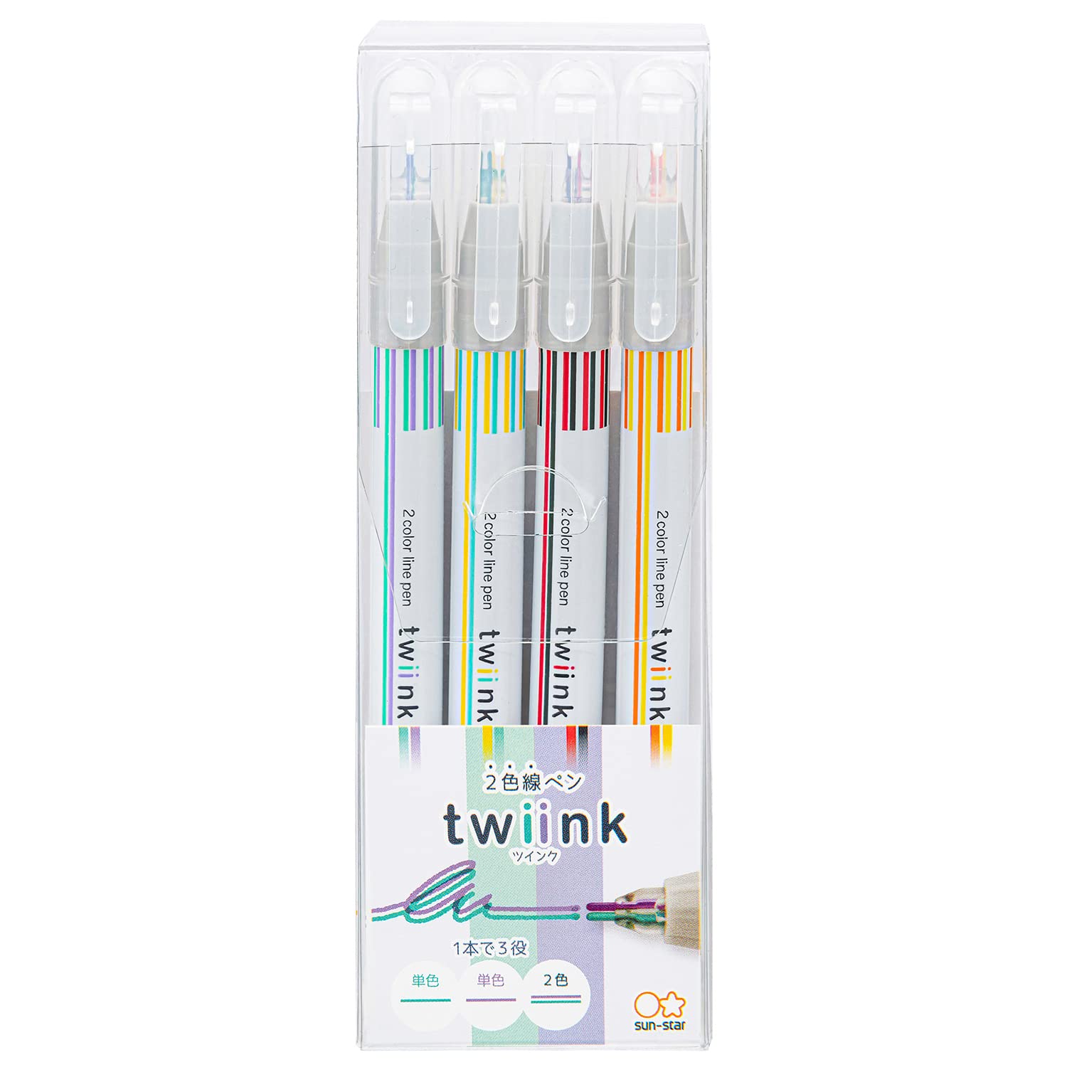 SUN-STAR Two Color Line Pen Twiink,C Set, Different 4 Colors Pattern Set, Water-Based Paint Pen, (Mint x Light Violet, Yellow x Mint, Red x Black, Orange x Yellow)