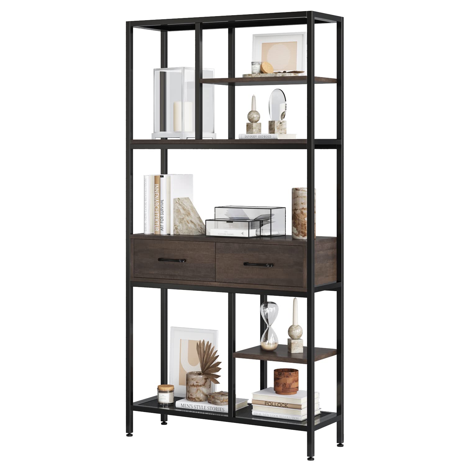 HITHOS Bookshelf, Tall Bookcase with 2 Drawers and Storage Shelves, Industrial Etagere Bookcase Book Shelves for Office, Living Room, Bedroom, Dark Brown