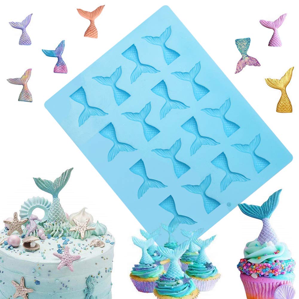 16 cavity Gummy Mermaid Tail Silicone Fondant Mold For Cake decoration Make Fishing Lures Chocolate Mold Soap Mold candy mold Baking Tool Jello mold Cupcake topper Ice tray(blue)