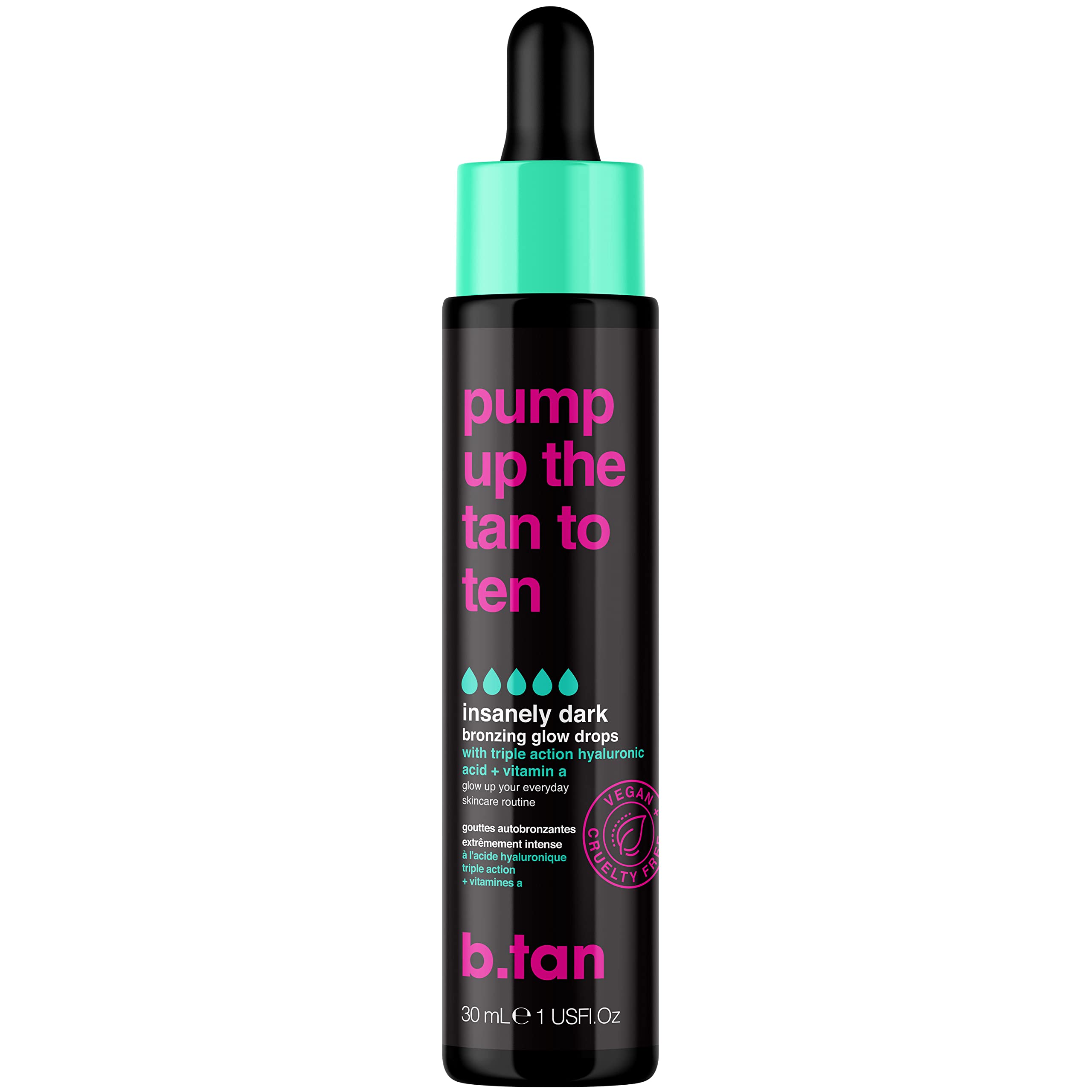 b.tan Darkest Self Tanning Drops for Face & Body | Pump Up the Tan to Ten - Insanely Dark Gradual Sunless Tanner Bronzing Glow Drops, Vegan, Cruelty Free, 1.0 Fl Oz