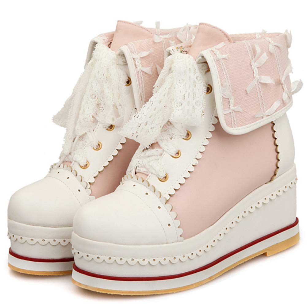 SaraIrisWomen's Cute Platform Boots, Lace-up Cosplay Brogue Sneakers Wedges Ankle Boots, Pink, 9.5