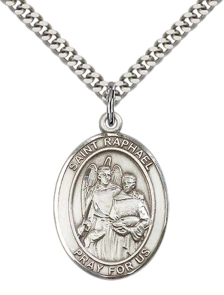 Sterling Silver St. Raphael the Archangel Pendant with 24" Stainless Steel Heavy Curb Chain. Patron Saint of Blind/Love/Safe Journey