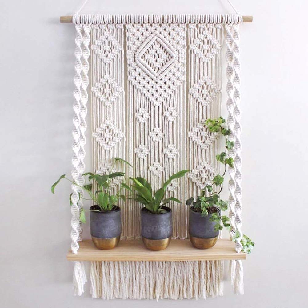 AMIAEDU Macrame Wall Hanging Shelf, Handmade Indoor Boho Pot Basket Hanger Holder, Rope Plant Hanger for Wall Decor (White)