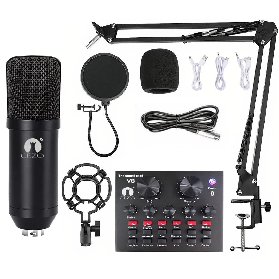 (Refurbished) Cezo BM 800 Condenser Microphone Kit Set with V8 Sound Card, Boom Arm Stand, Pop Shield Recording Studio Equipment Full Set with 3.5mm Mic for Smartphones Live Streaming Youtubers - Black