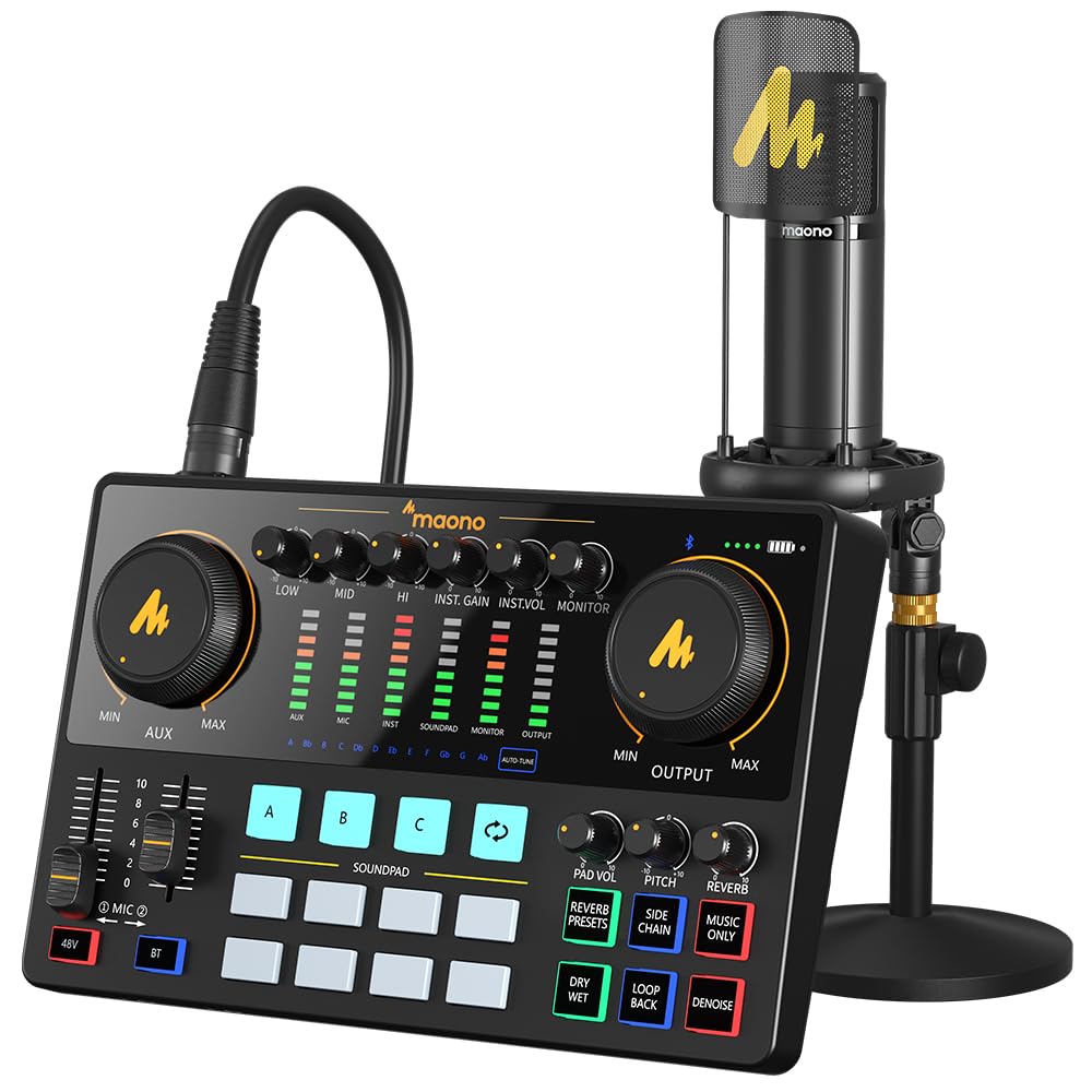 MAONO Podcast Equipment Bundle with Audio Interface and XLR Condenser Microphone, MaonoCaster with 48V Phantom Power, Bluetooth for Podcast, Streaming, Voice Over, Youtube, PC, Guitar (AME2A)