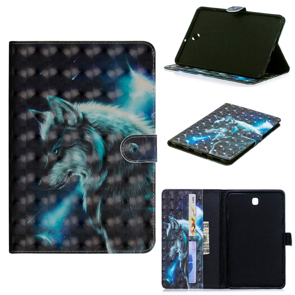 LingDan Protective Cover for Samsung Galaxy Tab S2 8.0 T710/ T715/ T719 (8 Inch) 3D-Design PU Leather Flip Case Wolf Pattern with Built Stand Magnetic Closure Holster Card Slot Wallet, 02