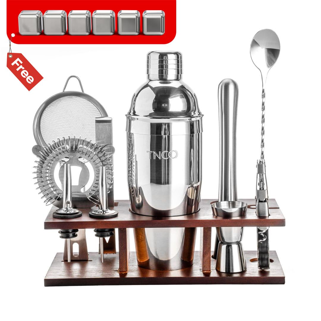 Mixology Bartender Kit Cocktail Shaker Set: 10-Piece, Bar Tools with Wooden Stand, Bar Set with All Essential Accessory Tools: Martini Shaker, Jigger, Strainer, Mixer Spoon, Muddler Ect, (Silver)