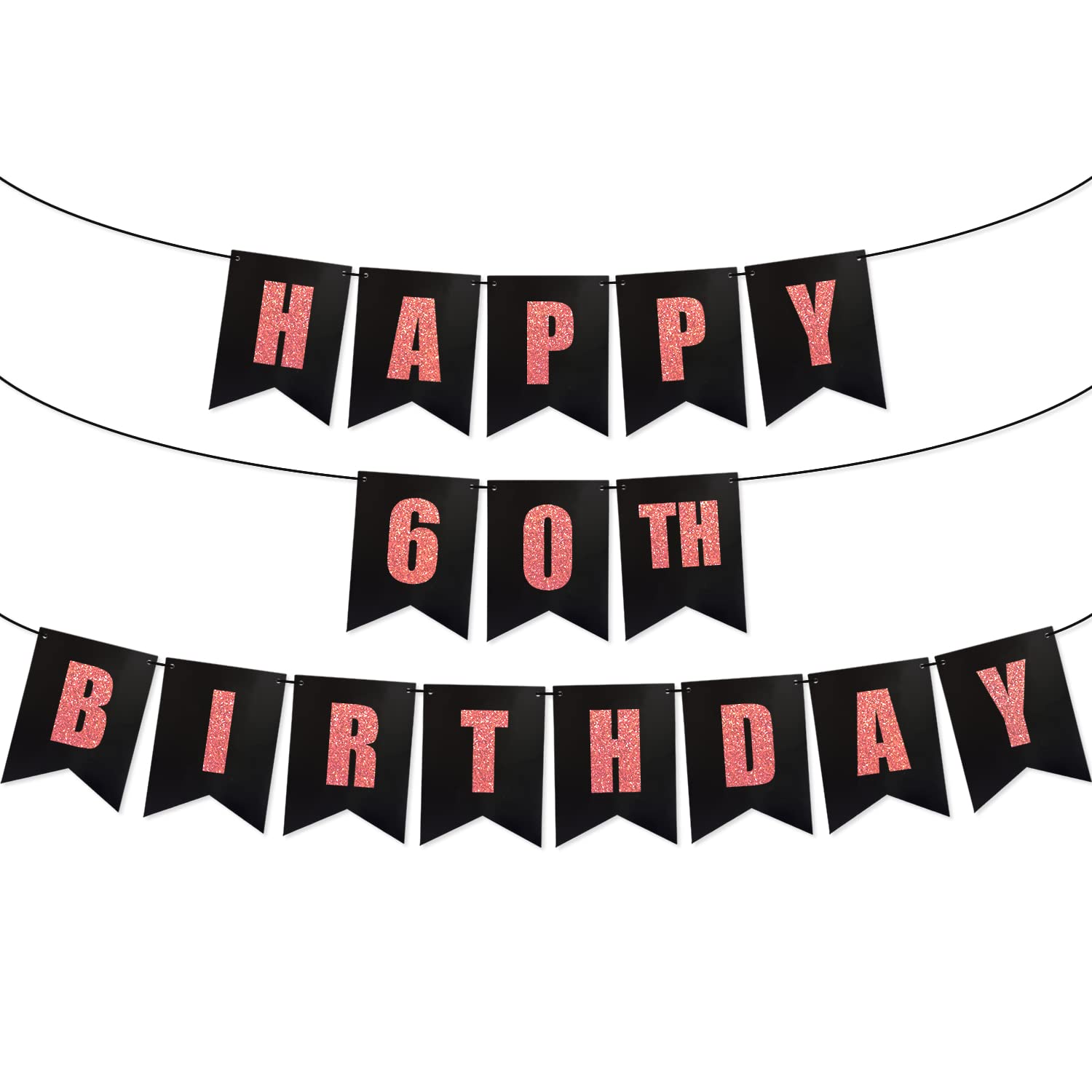 PartyForever Happy 60th Birthday Party Decorations Banner For Women Black Cardstock with Rose Gold Glitter Letters Sign for Her