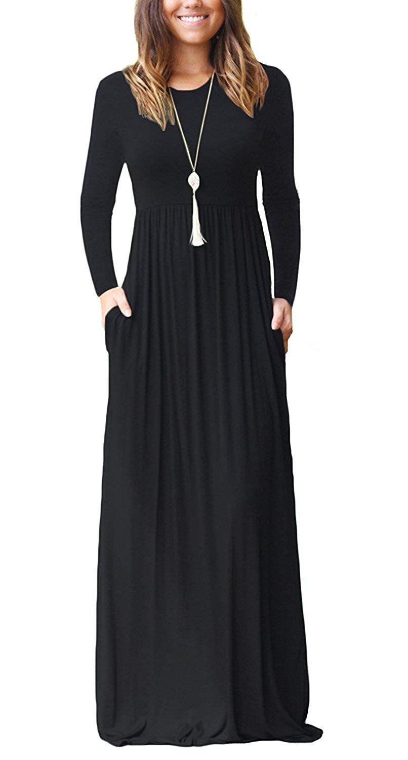 AUSELILY Women Long Sleeve Loose Plain Maxi Dresses Casual Long Dresses with Pockets