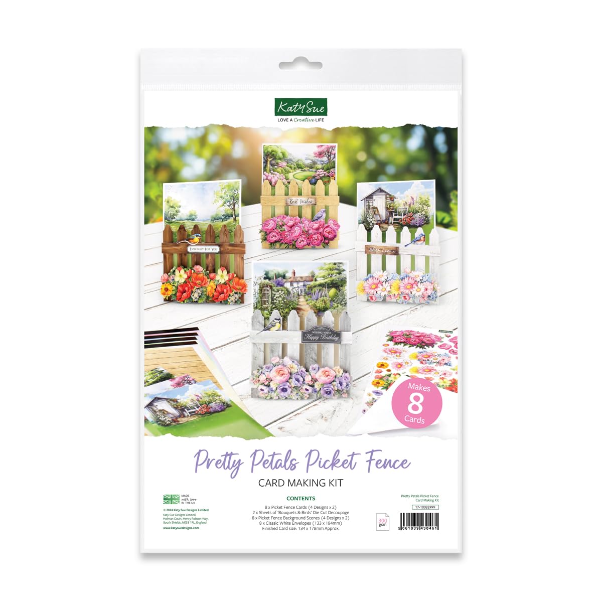 Katy Sue Pretty Petals Picket Fence Card Making Kit. Contains 8 Shaped Cards, 2 Sheets of Die Cut Decoupage, Foam Pads, 8 Envelopes & Instructions. for Card Making Supplies & Card Crafting