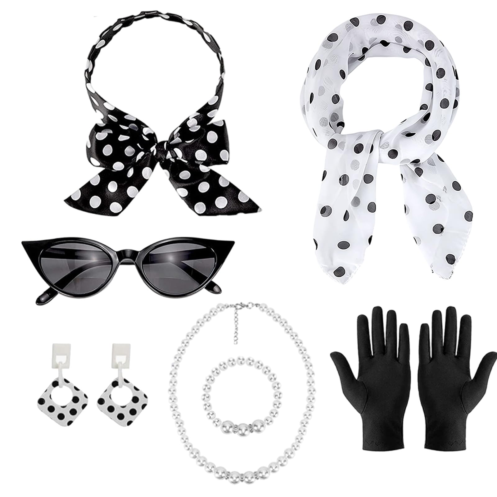 6Pcs 50s outfit for women with Scarf Bandana Tie Headband Glasses Accessories 50s theme party outfits