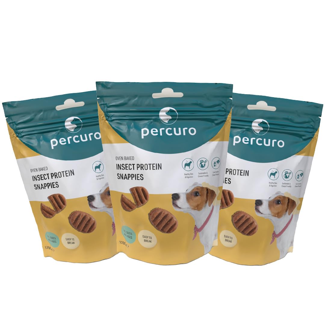 Percuro Snappies (Pack of 3) 120g Oven-Baked High Protein Dog Treats, Hypoallergenic, No Animal Livestock Ingredients, Hypoallergenic Insect Protein, No Artificial Additives, Sustainable