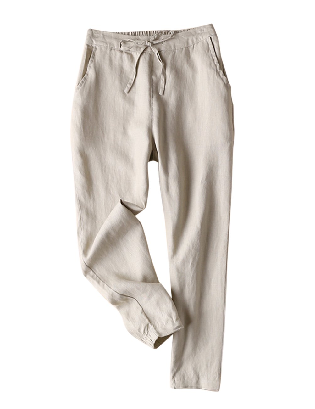 IXIMOWomen's Tapered Pants 100% Linen Drawstring Back Elastic Waist Ankle Length Pants