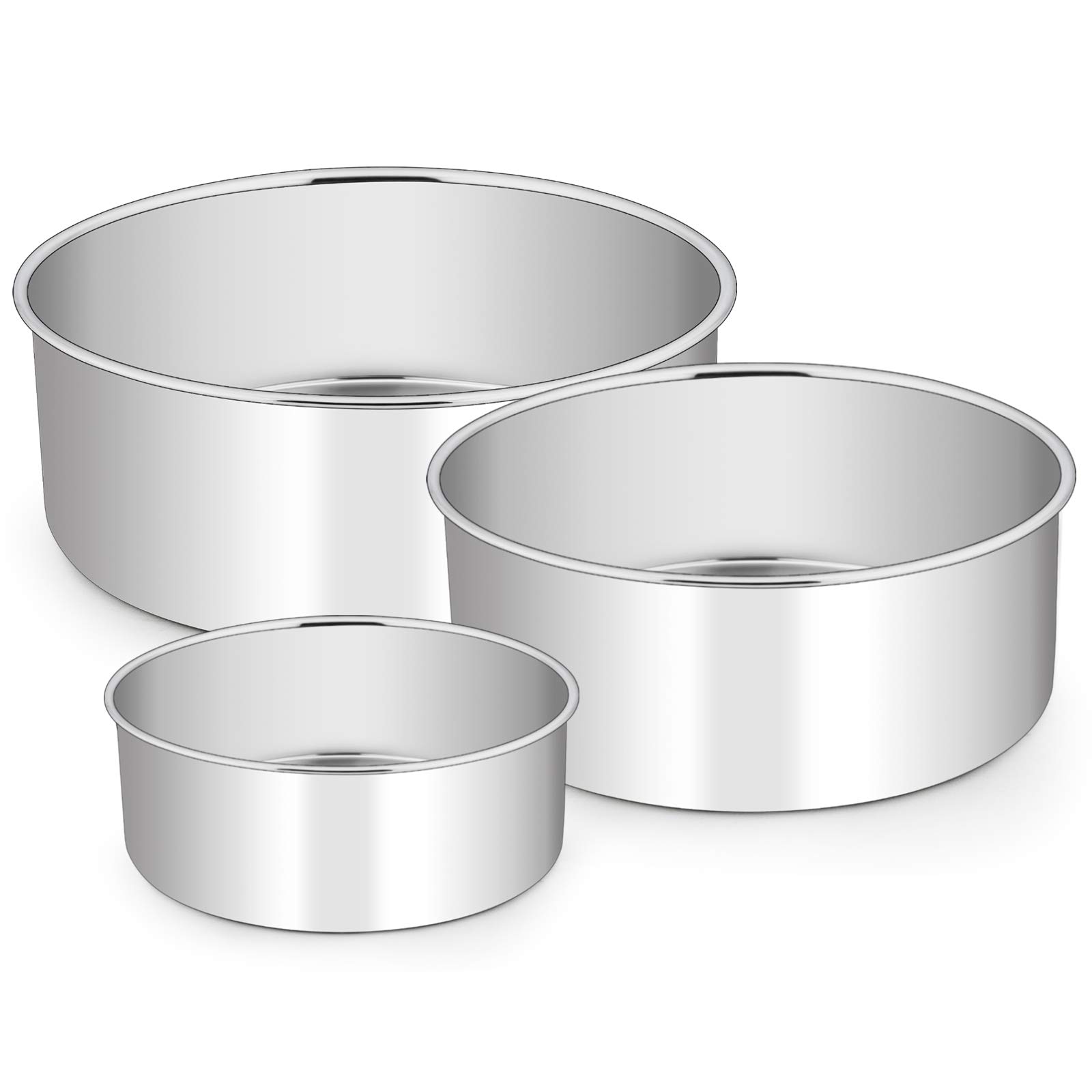 E-far Cake Pan Set of 3 (4’’/6’’/8), Deep Stainless Steel Round Cake Pans Tins for Baking Small Layer Wedding Birthday Cake, Non-toxic & Dishwasher Safe, Mirror Finish & Straight Side