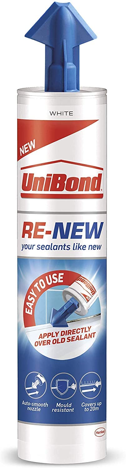 Unibond2601801 RE-NEW Cartridge, White Silicone Sealant for Sanitary Applications, One-Step Bathroom Sealant Renewal, Waterproof Kitchen & Bath Sealant with Triple Mould Resistance, 1 x 280 ml