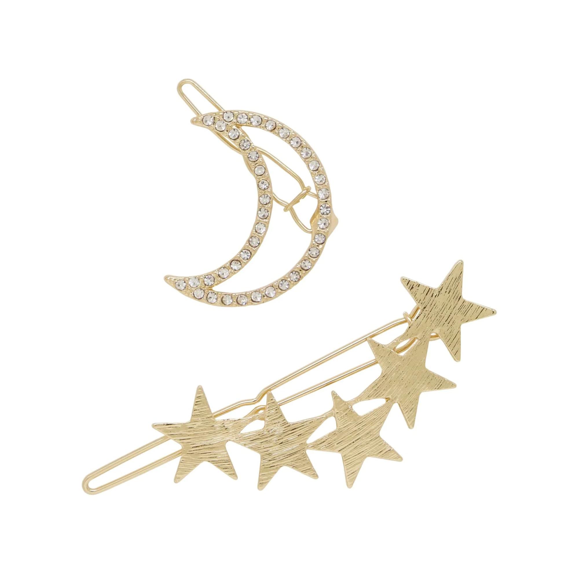 EttikaGold Tone Plated Barrette for Women | Hair Accessory | Stars and Moon Set of 2 Hair Barrettes in Gold Tone