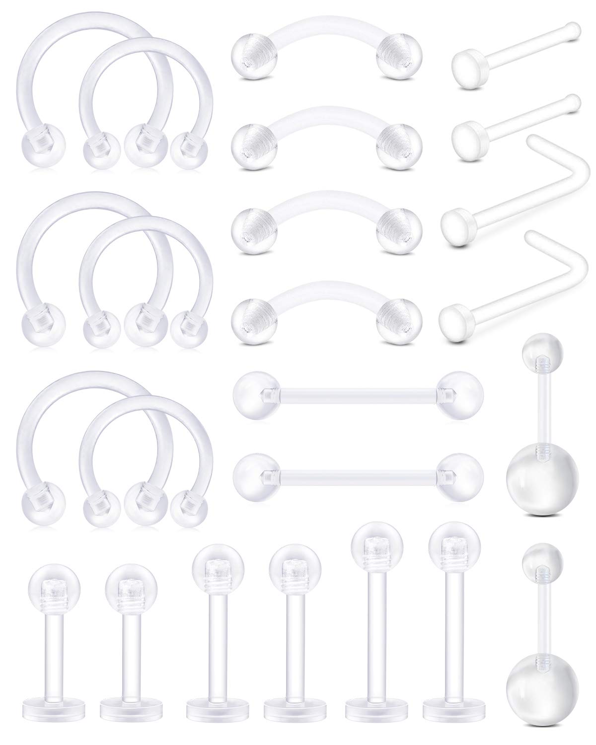 AceFun14G-22G Clear Piercing Retainer Septum Retainers Nose Studs Flexible Lip Ear Nose Hoop Tongue Rings Nipple Ring Earrings Plastic Industrial Piercing Jewelry Retainer