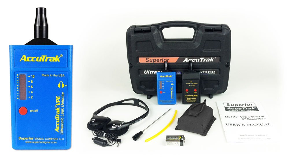 Superior AccuTrak VPE-Plus Ultrasonic Leak Detector Kit with Tone Burst Generator + New Belt Pack. Find Pressure or Vacuum Leaks of Any Gas. Adjustable Sensitivity. Standard Headset. Made in USA.