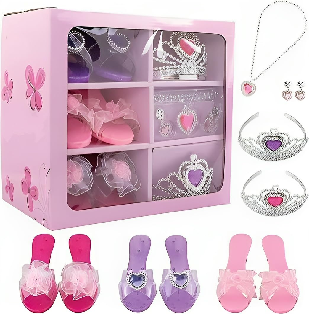 Dress Up My Princess Jewelry - Set includes Crown for Girls, 3 Beautiful Shoe Pairs, Earrings, and Necklace - Glamorous Accessories - Little Kids Girl Toy and Toddler Role-Play Gift Set – 11 Items