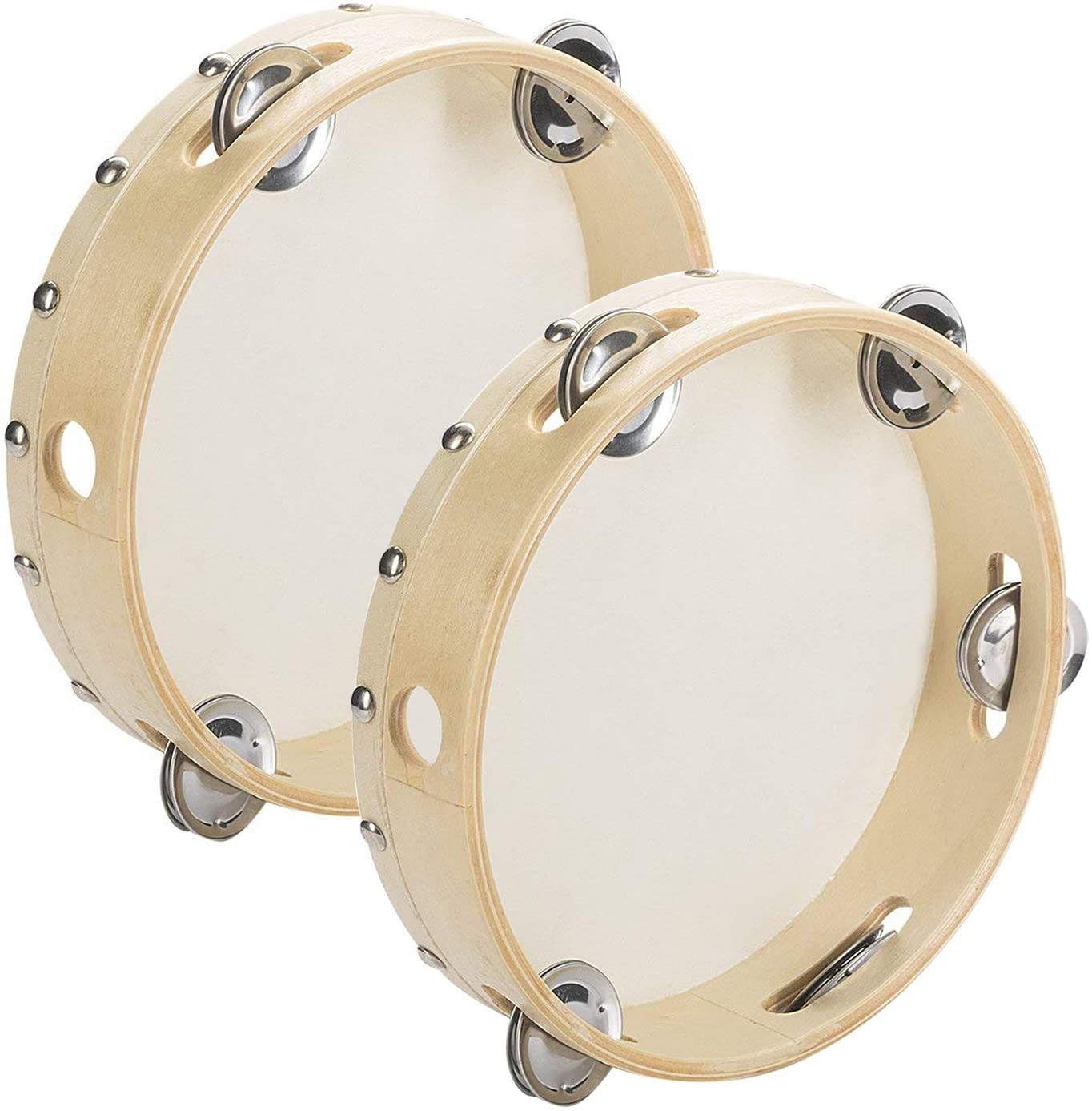 TosnailPack of 2 Pieces 7" Wooden Tambourine Hand Held Drum Bell, Single Row 5 Pairs Metal Jingles Percussion Musical Gift Educational Instrument for Kids and Adults