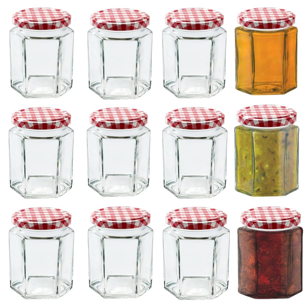 MEETOZ Glass Jam Jars-12 Pack Airtight 280ml,Glass Preserve Pots with Screw Top Red Gingham Lids,Hexagonal Storage Glass Jars for Kitchen Spices Honey or Sweets Kimchi Jar