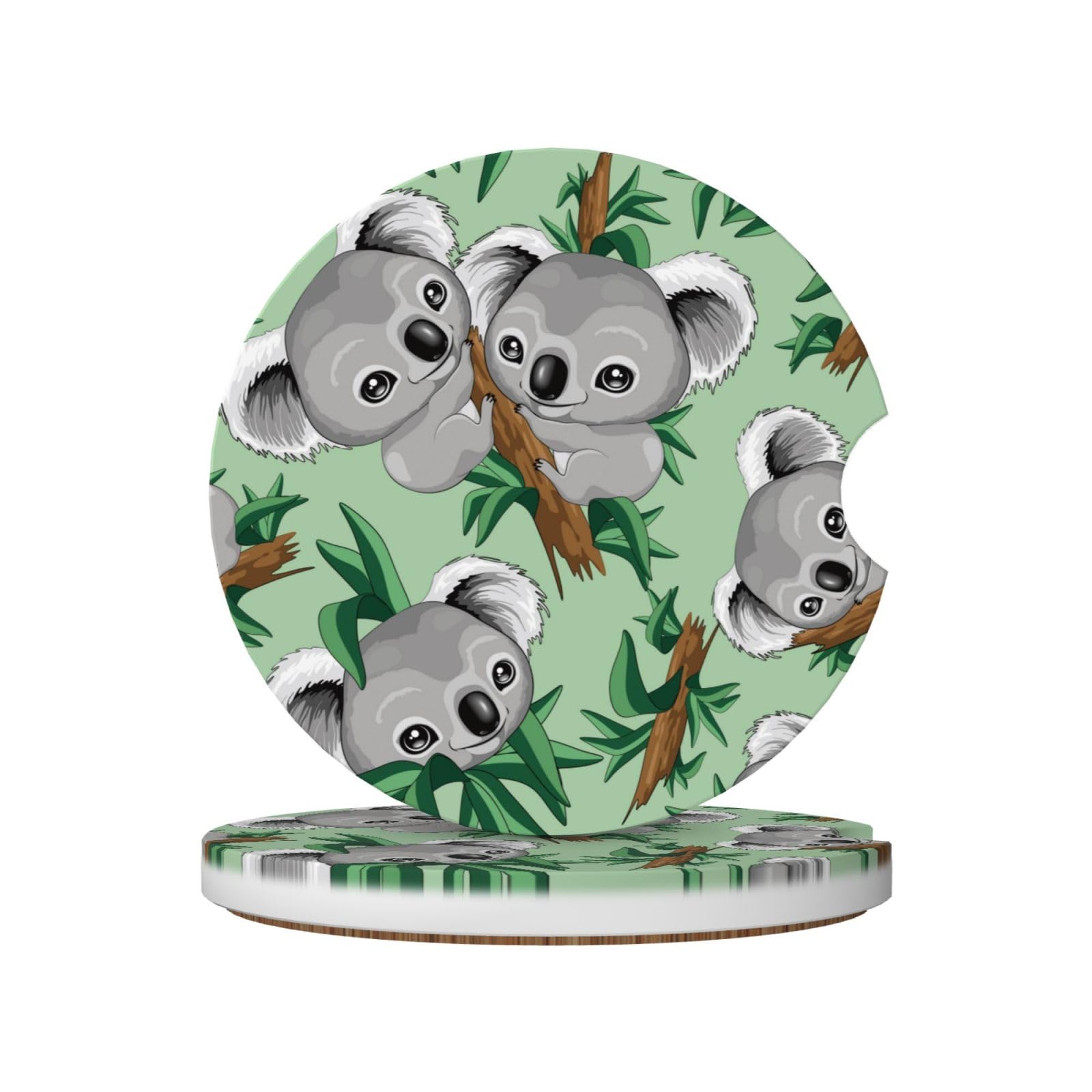 Smiling Cute Koala Car Cup Holder Coaster 2 Pack Car Coasters for Cup Holders Ceramic Car Cup Coasters with A Finger Notch Absorbent Drink Coasters Car Interior Accessories for Women Men