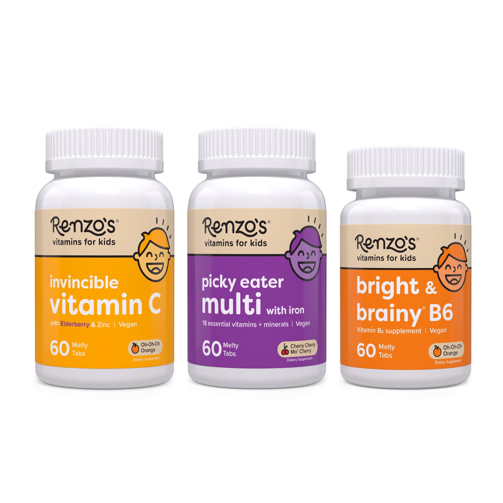 Renzo's Vitamins Back to School Bundle - Bright & Brainy Vitamin B6, Picky Eater Kids Multivitamin, and Kids Vitamin C with Elderberry & Zinc for Immune Support