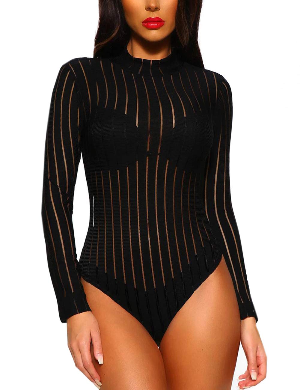 LradyWomen's Sheer Mesh Turtleneck Neck See Through Leotard Bodysuit Body Tops, Black-92, X-Large