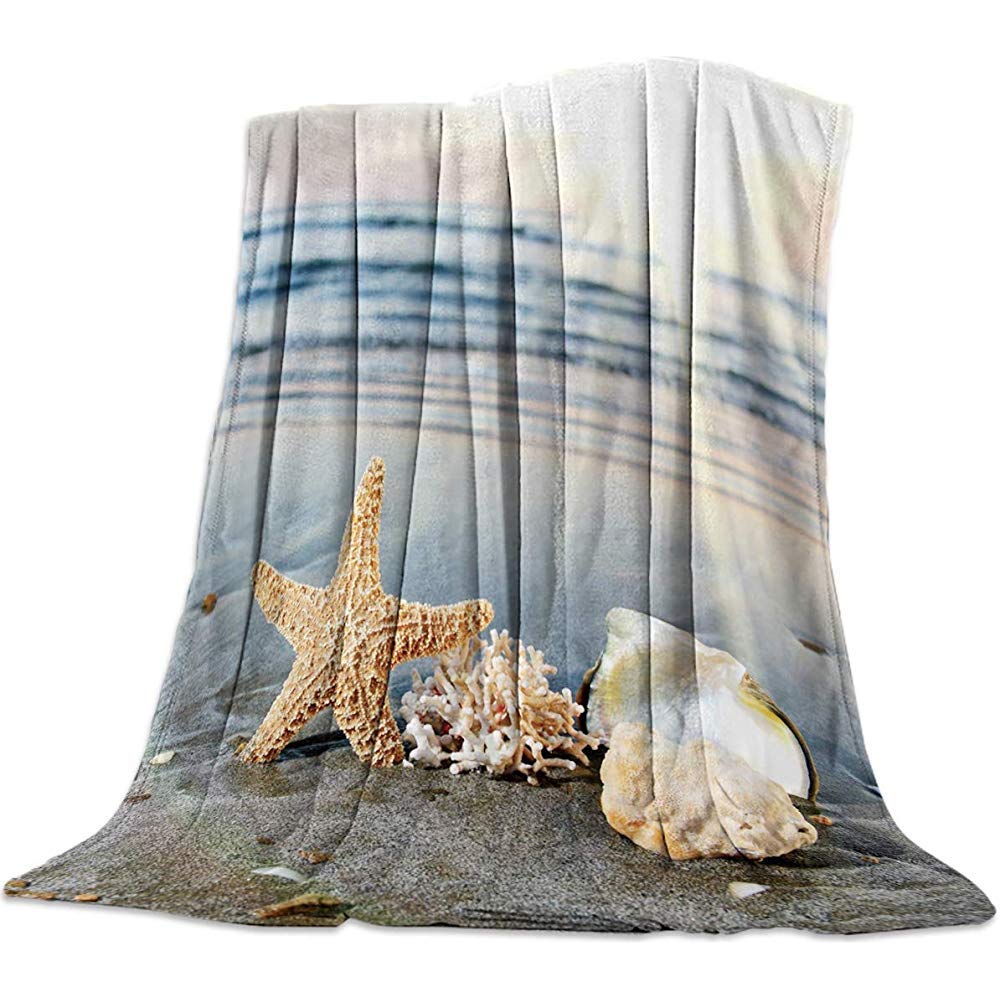 Moily Fayshow Throw Blanket Seaside Decor Starfish Shells On The Beach Flannel Fleece Blanket Lightweight Cozy Bed Sofa Blankets,102 X 127 Cm