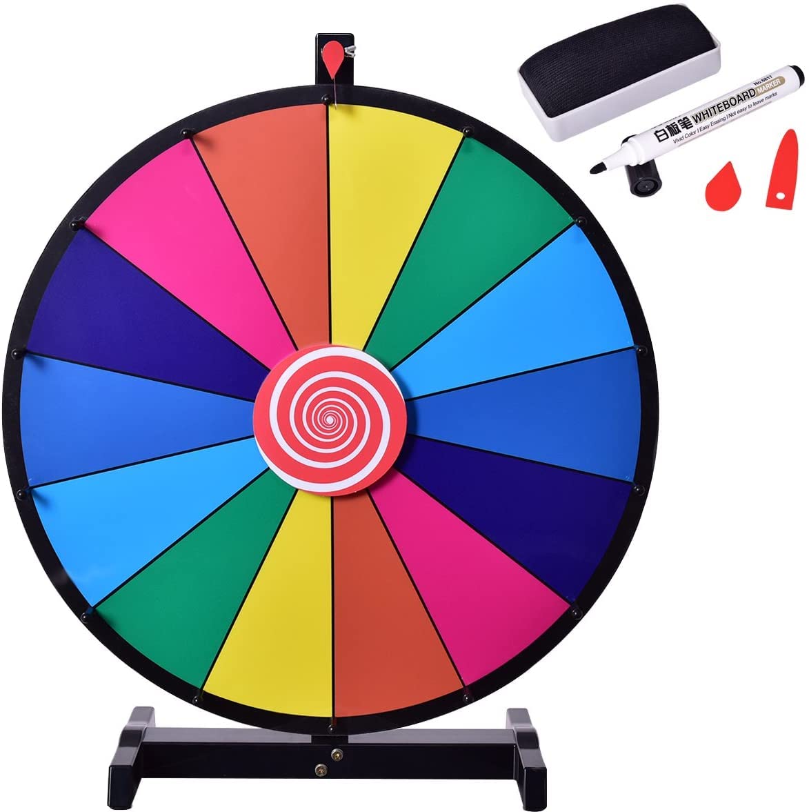 COSTWAY 18"/24" Color Prize Wheel, 14 Slots Fortune Roulette Spinning Game with Dry Erase, Metal Stand for Party Carnival Tradeshow (Rainbow, 18" Tabletop Stand)