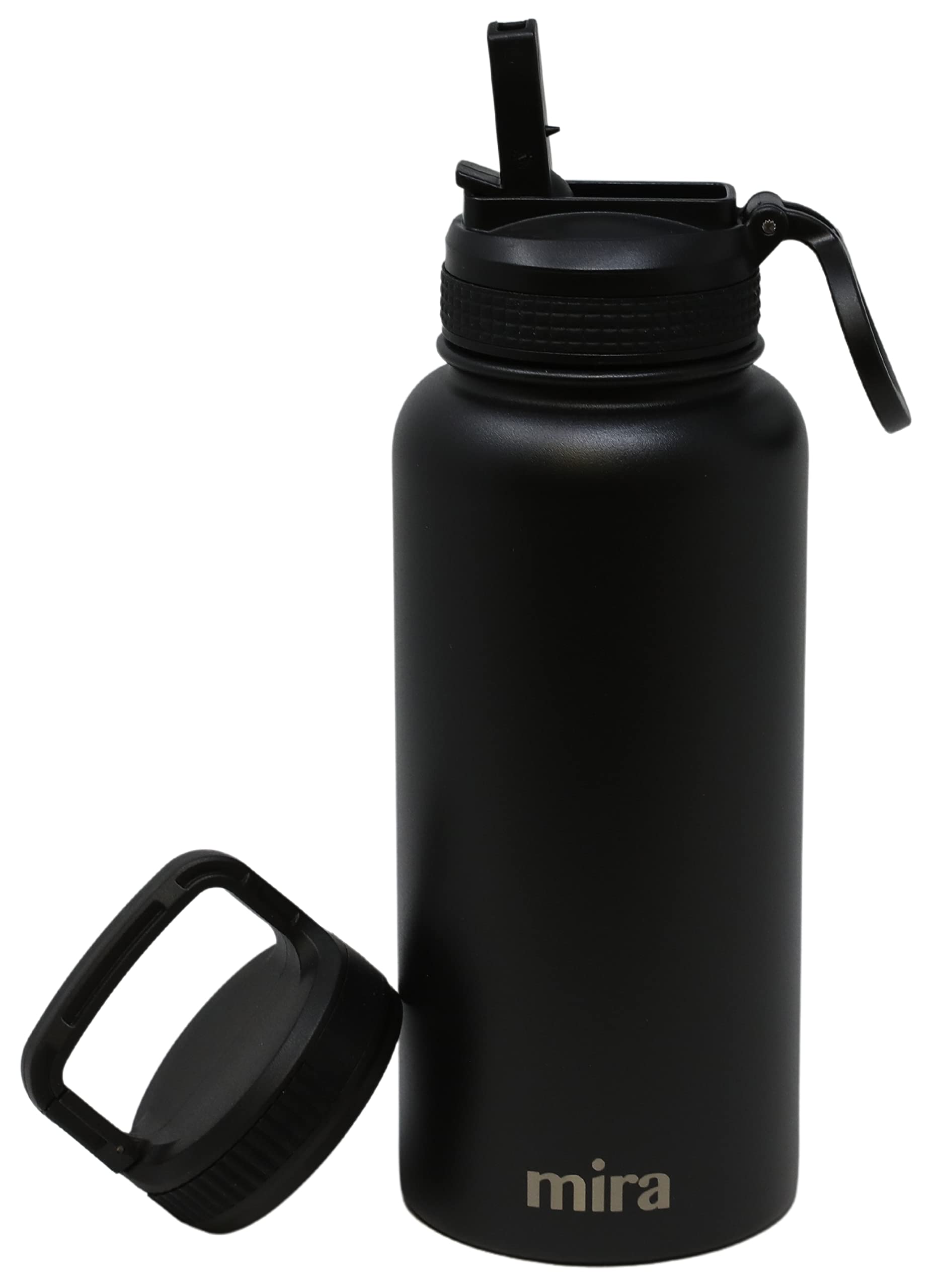 MIRA Water Bottle with Straw and Handle Lid Vacuum Insulated Stainless Steel Metal Thermo Bottle - Reusable Leak Proof Keep Cold Sports Flask - 32 oz, 2 Lids, Black