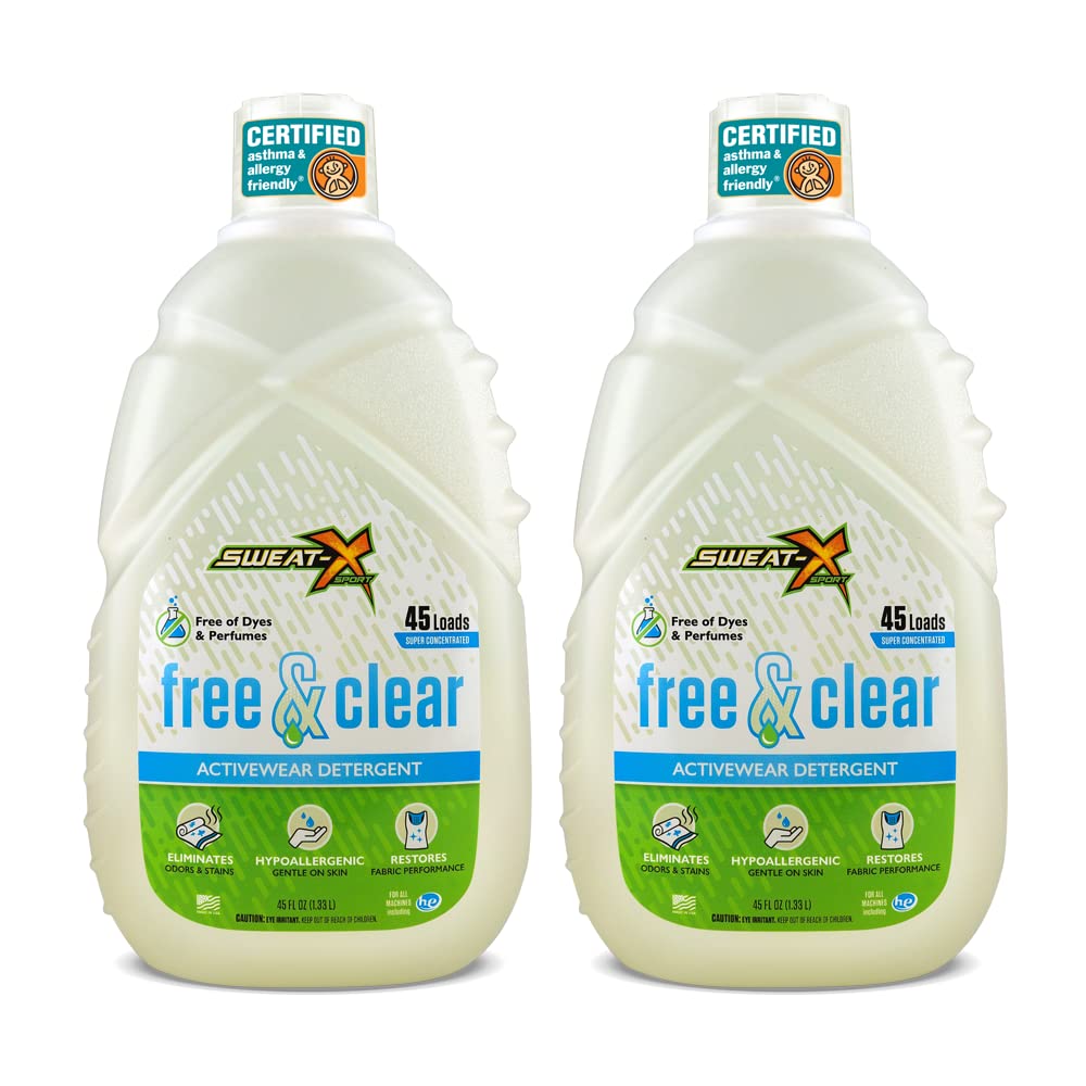 Sweat X Sport Free & Clear Activewear Detergent - Certified Asthma & Allergy Friendly® - Hypoallergenic - for Activewear and Everyday Use, 90 loads (2-Pack of 45 Load Bottles)