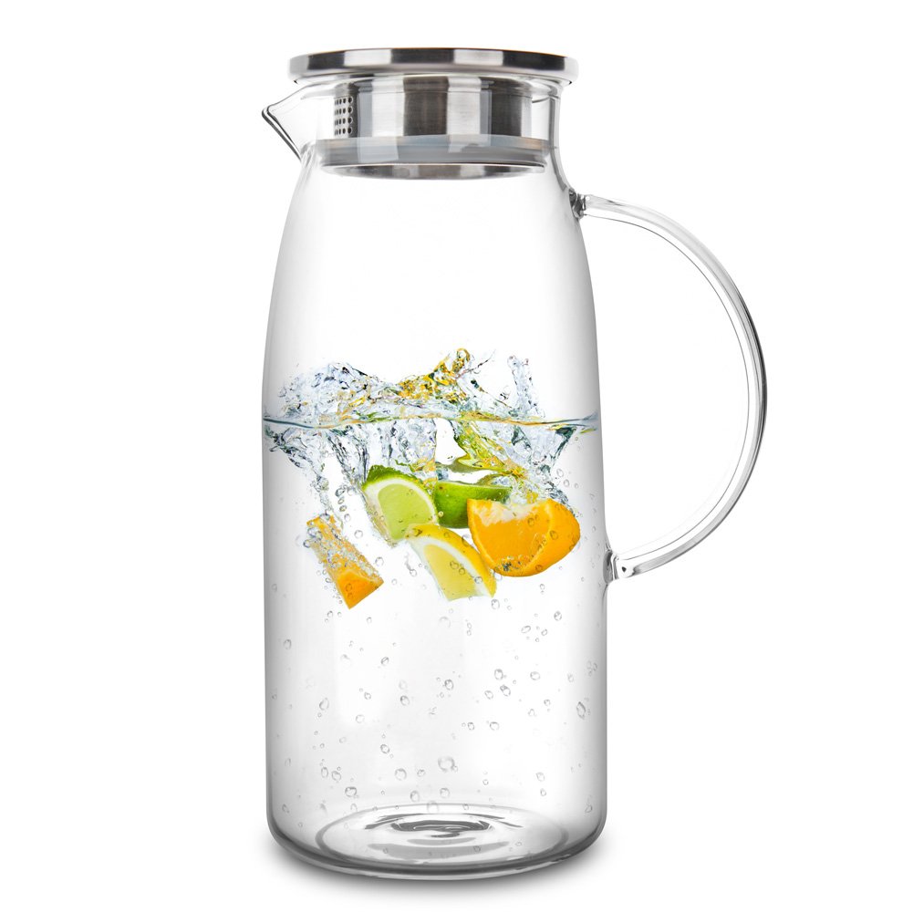 60 Ounces Glass Pitcher with Lid, Hot/Cold Water Jug, Juice and Iced Tea Beverage Carafe