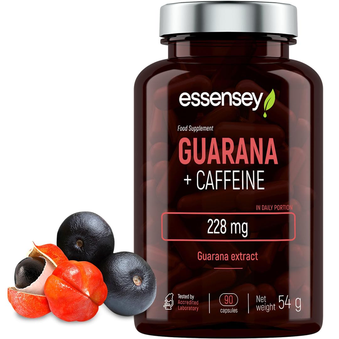 Essensey Guarana + Caffeine | 90 Capsules | Natural Energy Boost & Focus Supplements | 150mg Coffeine | 228mg Guarana Seed Extract | Vegetarian Formula