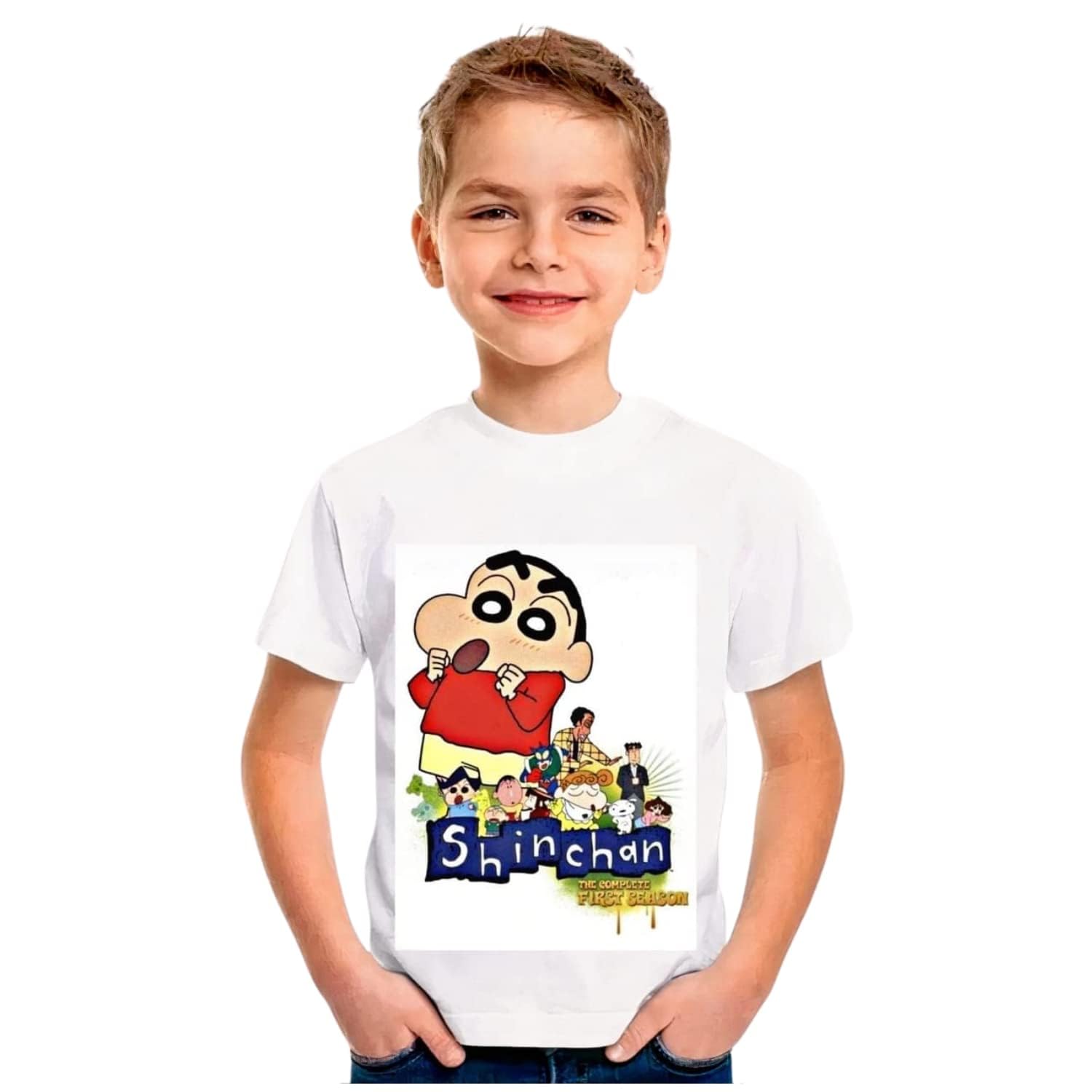 PARUL Enterprises Round Neck Half Sleeve Regular Fit T-Shirt for Kids | Shin-Chan Printed (Boys and Girls) | Slim Fit Poly Cotton Tshirt