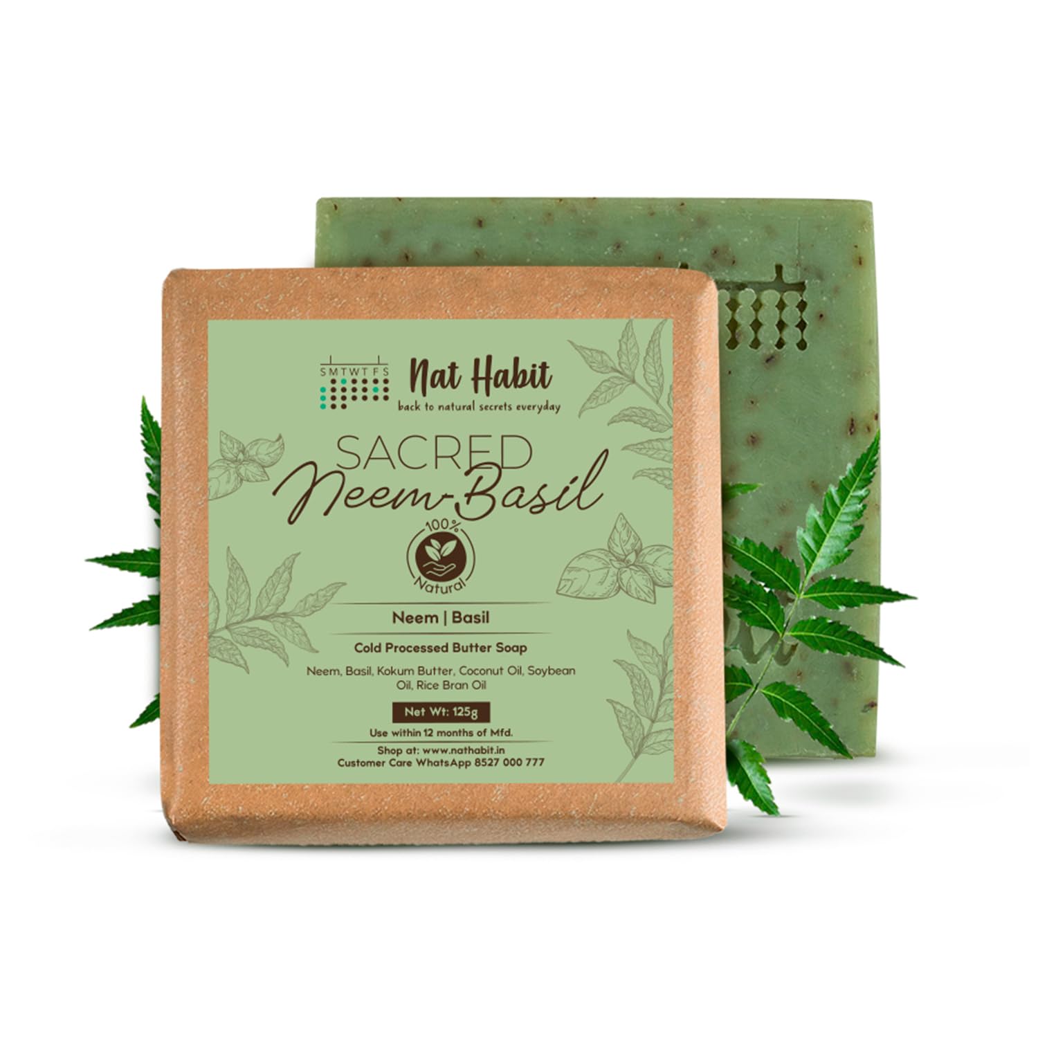 Nat Habit Cold Processed Sacred Neem-Basil Butter Bath Soap- Antibacterial For Soothing, Skin Wellness, Scar Reduction, Exfoliation & Tan Removal (125gm)