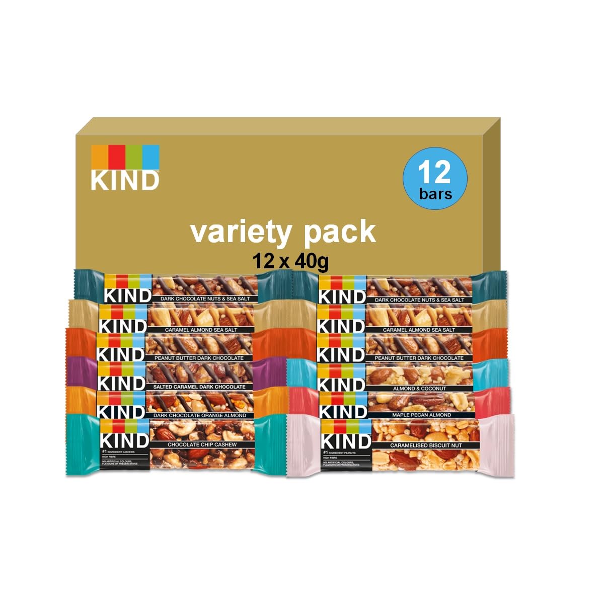 KIND Core Variety Pack, Gluten Free, High Fibre, No Artificial Flavours, Colours or Preservatives, 12 x 40g bars