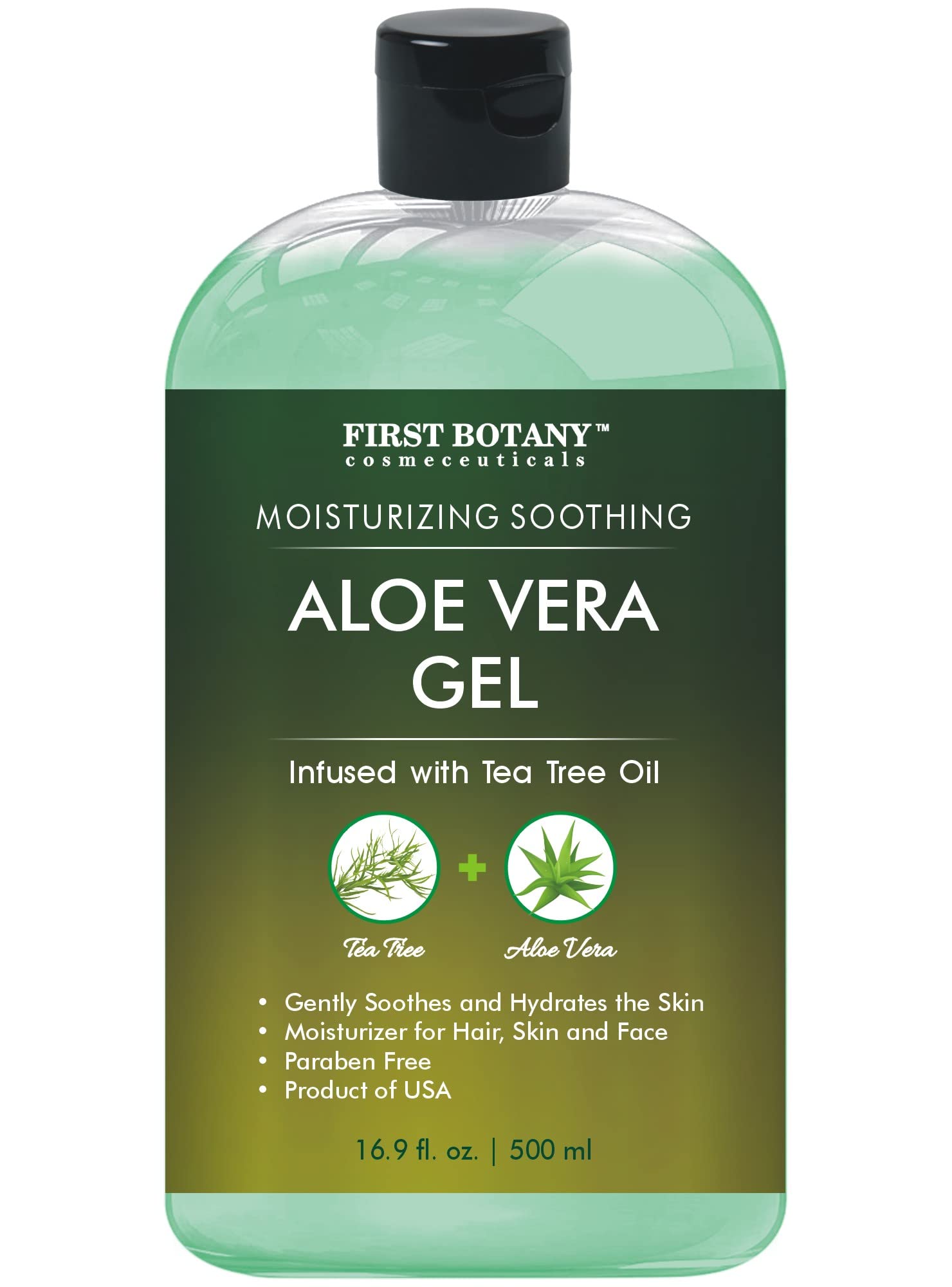 First Botany, Aloe Vera Gel from 100 Percent Pure Aloe Infused with Tea Tree Oil - Natural Raw Moisturizer for Hand Sanitizing Gel, Skin Care, Hair Care, Sunburn, Acne & Eczema -16.9 fl oz | 500 ml