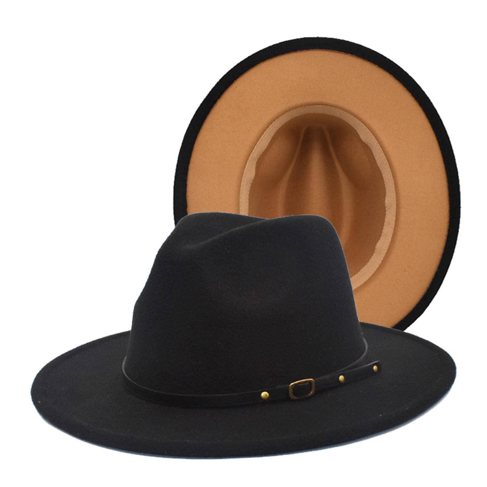 NCSanda Wide Brim Fedora Hats for Women Mens Felt Fedora Hats Two Tone Wide Brim Class Panama Hat with Belt Buckle