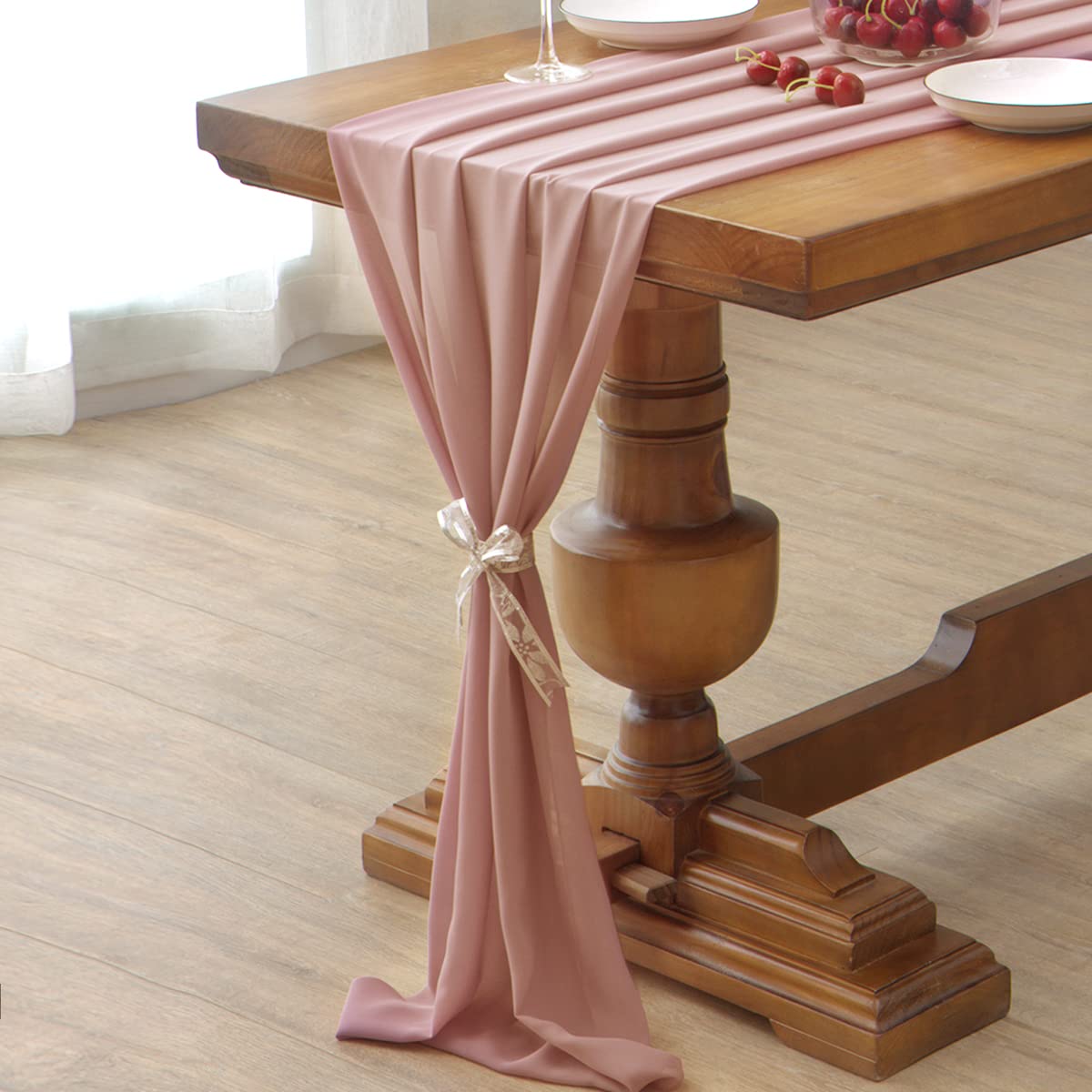 MLMC10ft Dusty Rose Chiffon Table Runner 29x121 Inches Sheer Wedding Table Runner for Baby Shower Birthday Party Decorations